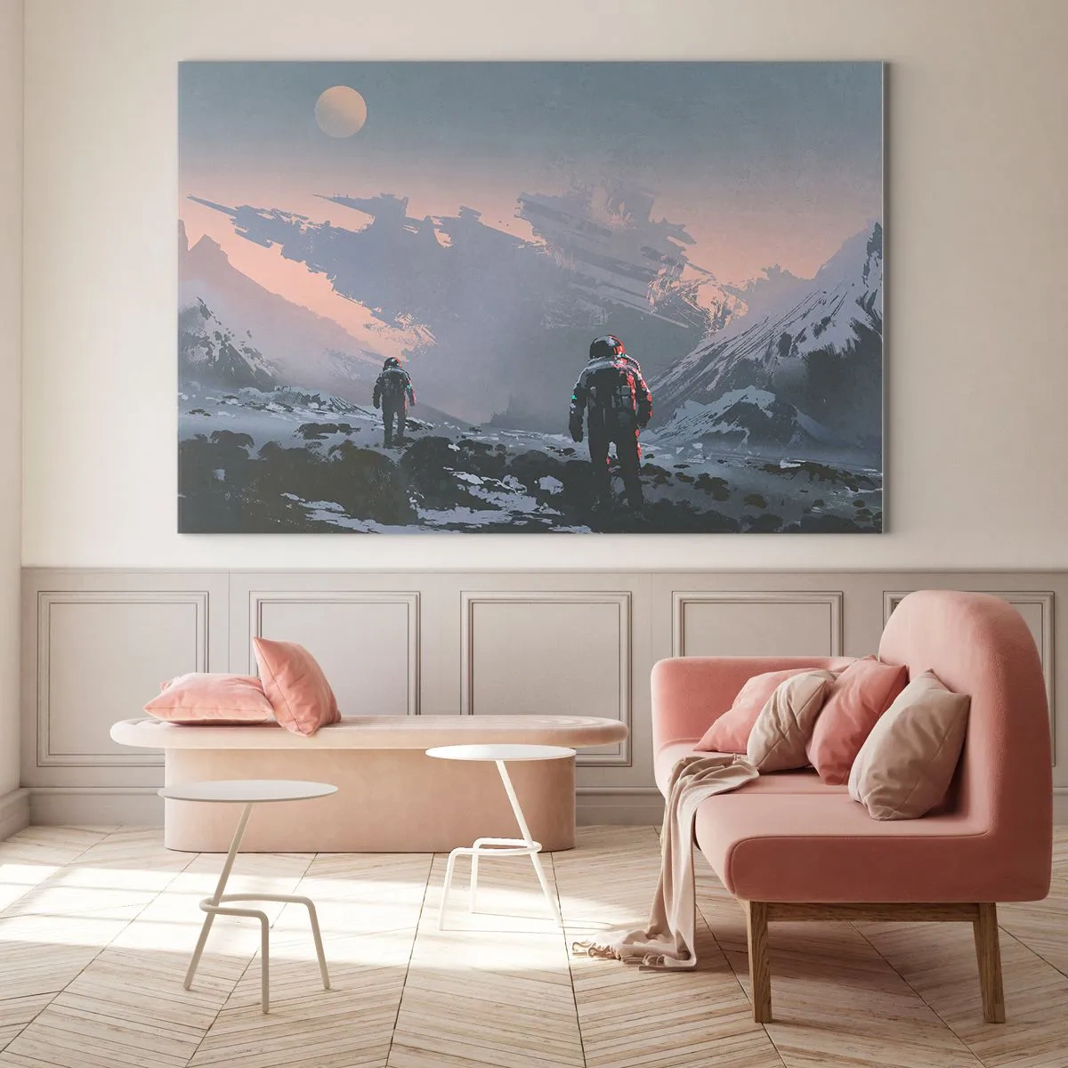Impression sur verre - Image sur verre - Des astronautes sur une planète extraterrestre avec une épave en arrière-plan - 120x80cm - Sous une étoile inconnue - Décoration murale moderne pour le salon et la chambre ARTTOR
