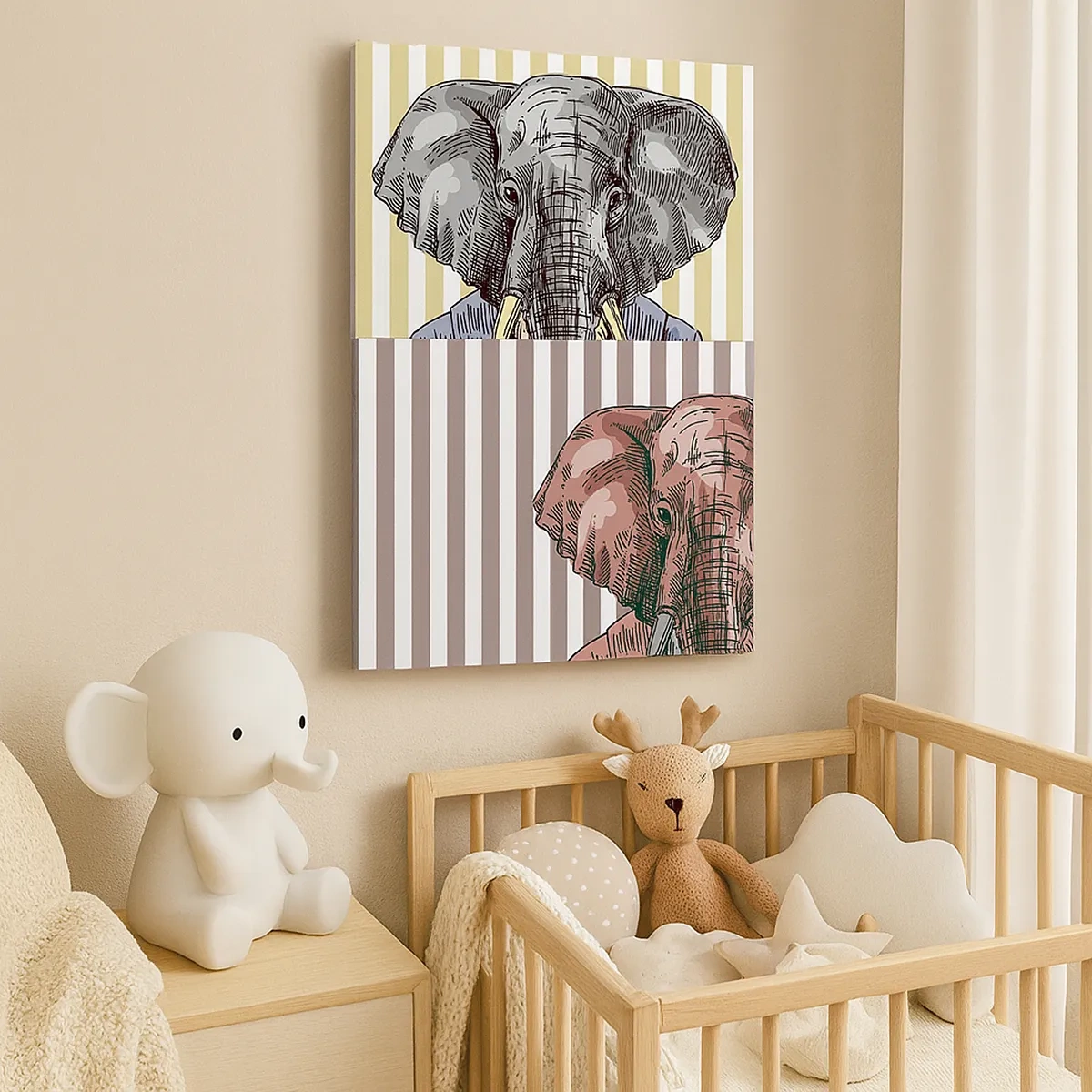 Impression sur toile - Image sur toile - Un éléphant en costume sur fond de rayures beiges - 50x70cm - Élégant par nature - Décoration murale moderne pour le salon et la chambre ARTTOR