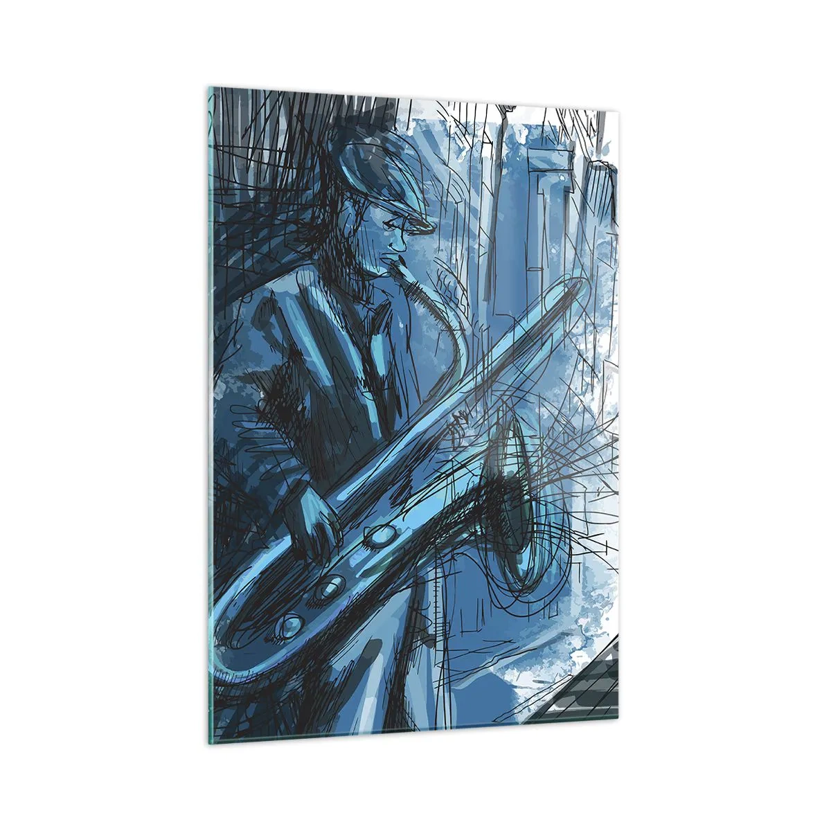 Impression sur verre - Image sur verre - Saxophoniste de jazz dans un décor urbain aux teintes bleues - 50x70cm - Rhapsodie urbaine - Décoration murale moderne pour le salon et la chambre ARTTOR