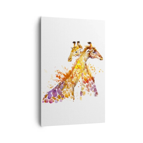 Impression sur toile - Image sur toile - Girafes à l'aquarelle aux tons colorés - 80x120cm - Est-ce de l'amitié ou de l'amour? - Décoration murale moderne pour le salon et la chambre ARTTOR