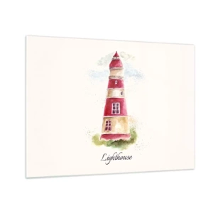 Impression sur verre - Image sur verre - Phare aquarelle avec l'inscription Phare - 70x50cm - Il y a toujours beau temps autour - Décoration murale moderne pour le salon et la chambre ARTTOR