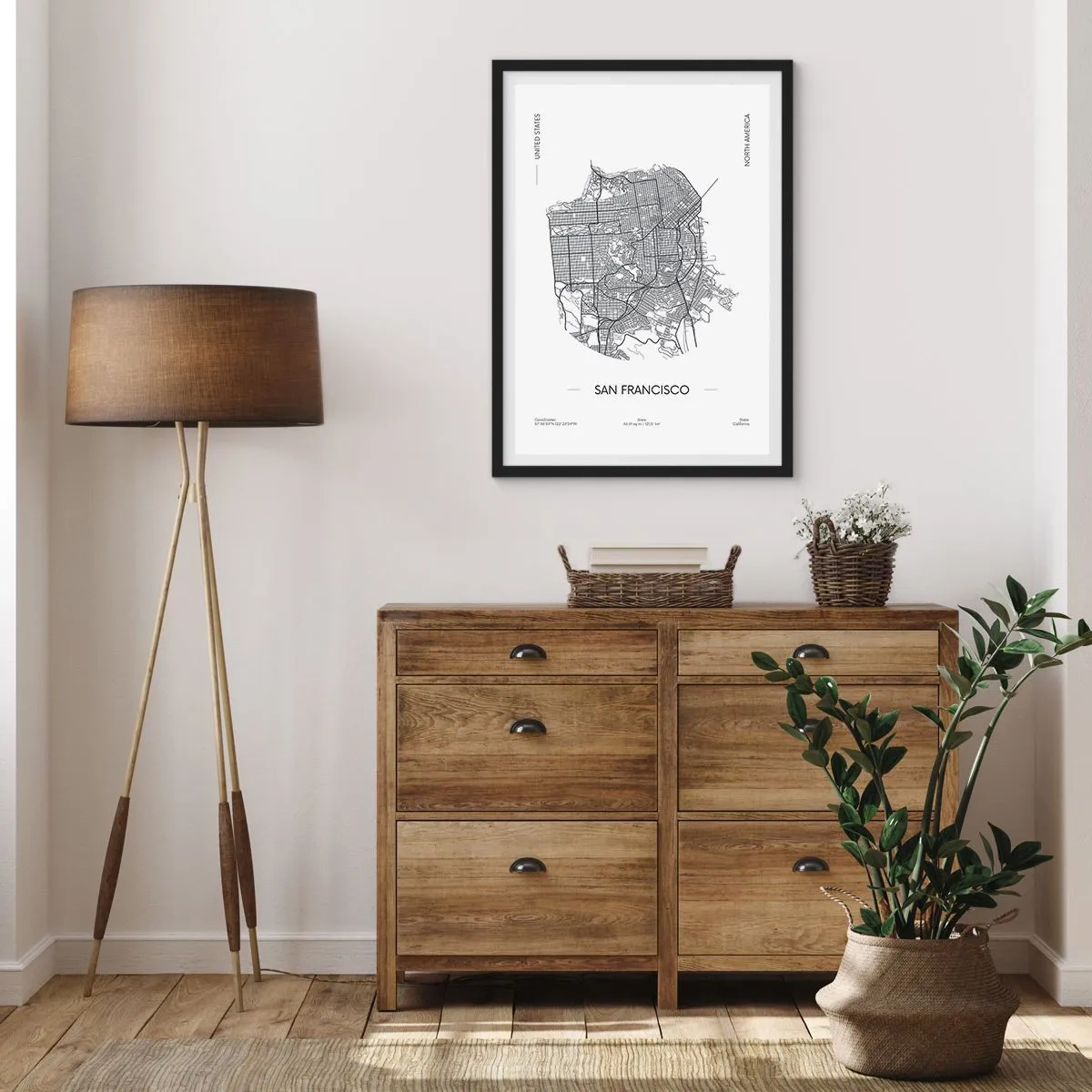 Affiche dans un cadre noir - Poster - Une carte minimaliste de San Francisco en noir et blanc. - 50x70cm - Anatomie de San Fransisco - Décoration murale moderne pour le salon et la chambre ARTTOR