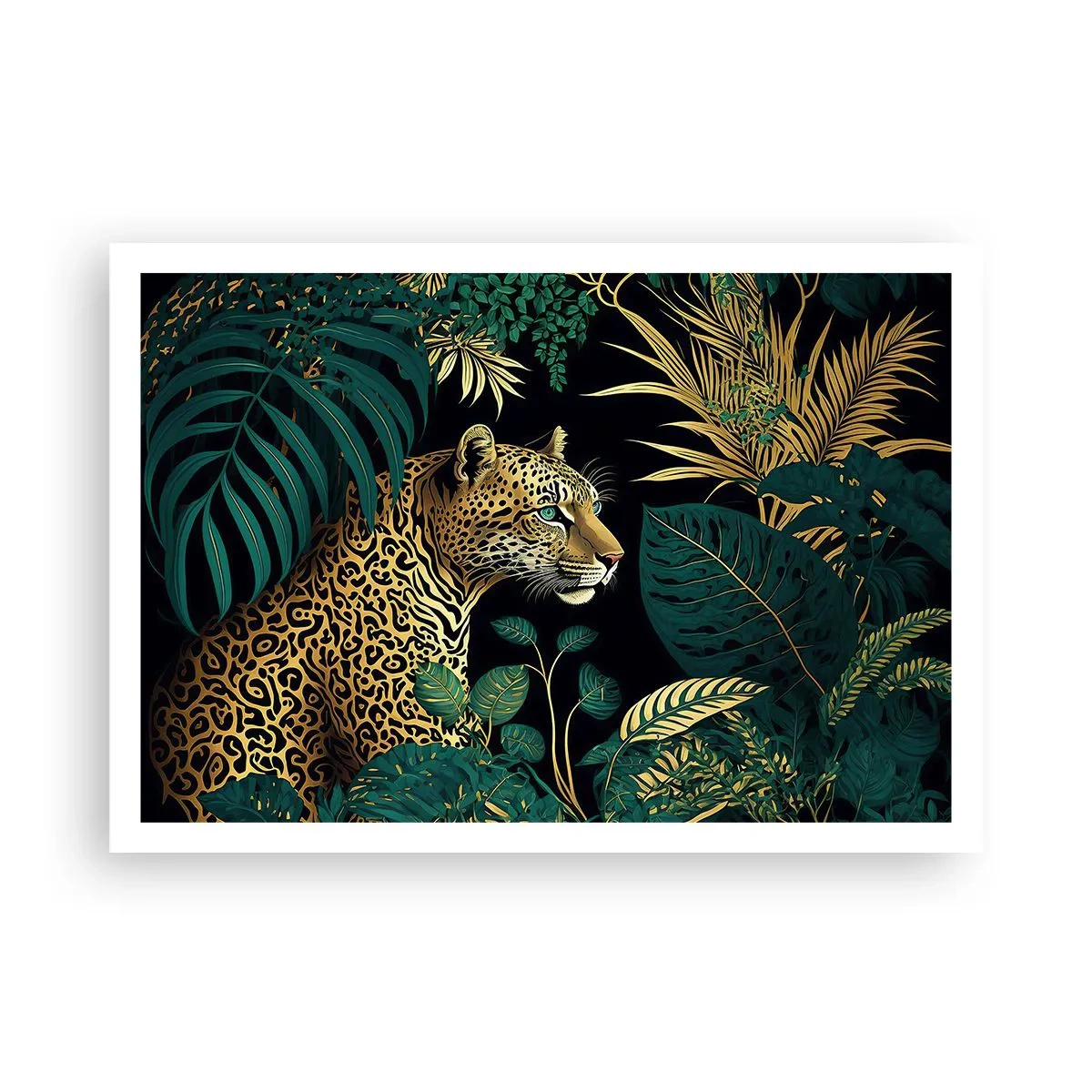 Affiche - Poster - Léopard dans des feuilles tropicales sur fond noir - 100x70cm - Un hôte dans la jungle - Décoration murale moderne pour le salon et la chambre ARTTOR