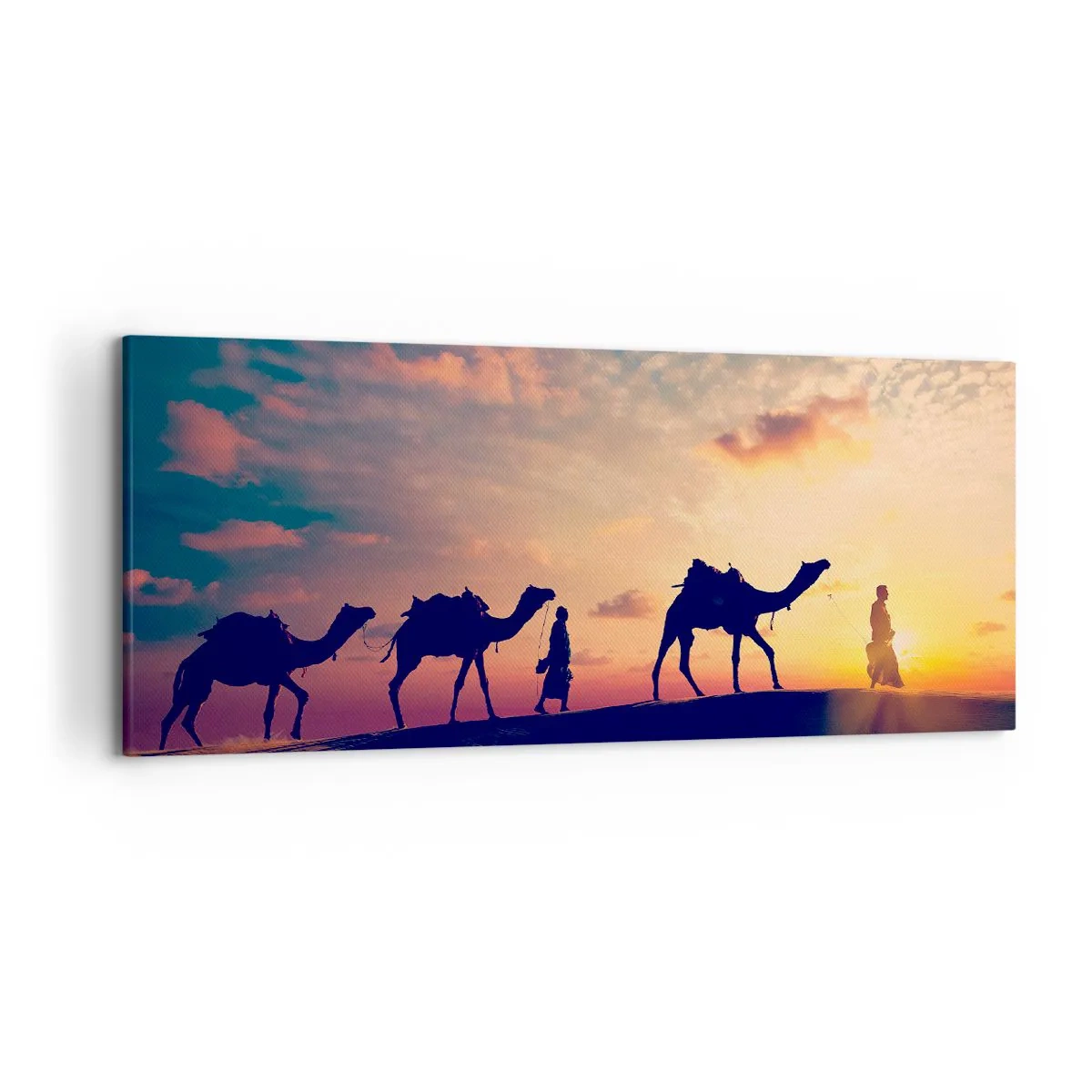 Impression sur toile - Image sur toile - Une caravane de chameaux errant dans le désert au coucher du soleil - 120x50cm - L'esprit mystérieux de l'Orient - Décoration murale moderne pour le salon et la chambre ARTTOR
