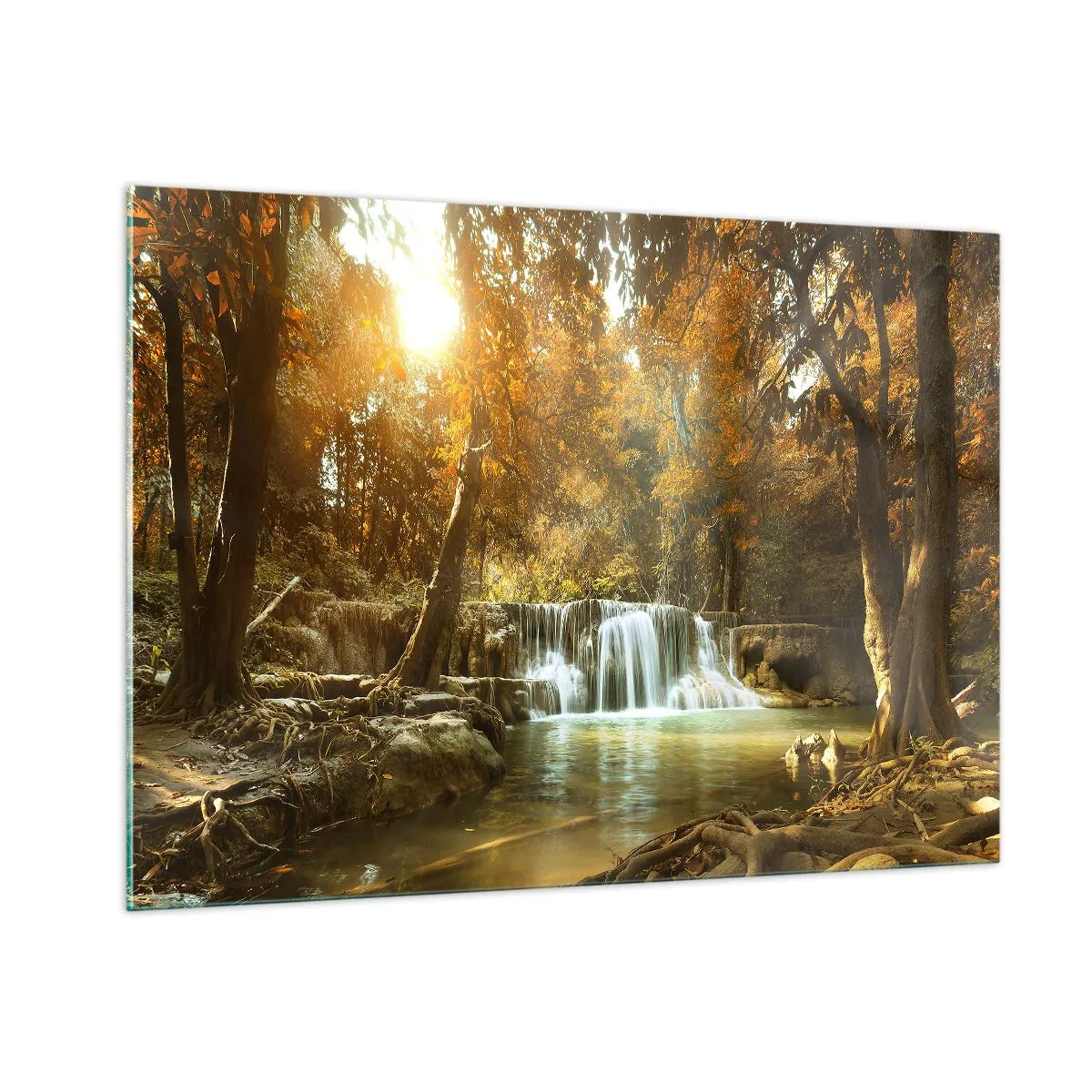 Impression sur verre - Image sur verre - Une cascade dans un parc entouré d'arbres aux couleurs d'automne - 100x70cm - Cascade du parc - Décoration murale moderne pour le salon et la chambre ARTTOR