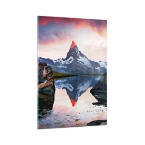 Impression sur verre - Image sur verre - Un sommet de montagne se reflétant dans un lac au coucher du soleil - 70x100cm - Le coeur des montagnes est chaud - Décoration murale moderne pour le salon et la chambre ARTTOR