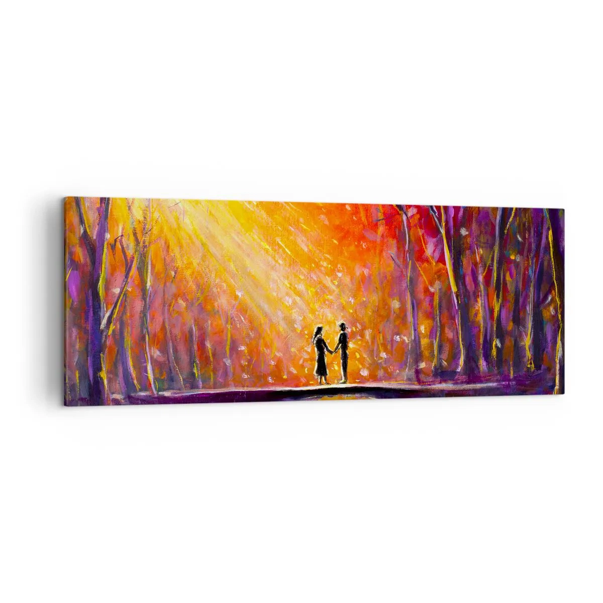 Impression sur toile - Image sur toile - Couple romantique sur un pont dans la forêt d'automne - 140x50cm - Le ciel les aime aussi - Décoration murale moderne pour le salon et la chambre ARTTOR