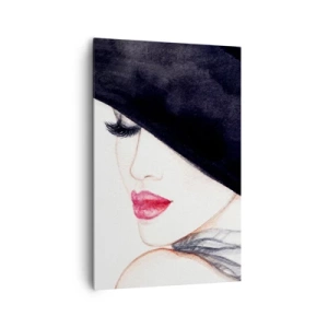 Impression sur toile - Image sur toile - Une illustration subtile d'une femme portant un chapeau noir et des lèvres rouges - 80x120cm - Élégance et sensualité - Décoration murale moderne pour le salon et la chambre ARTTOR