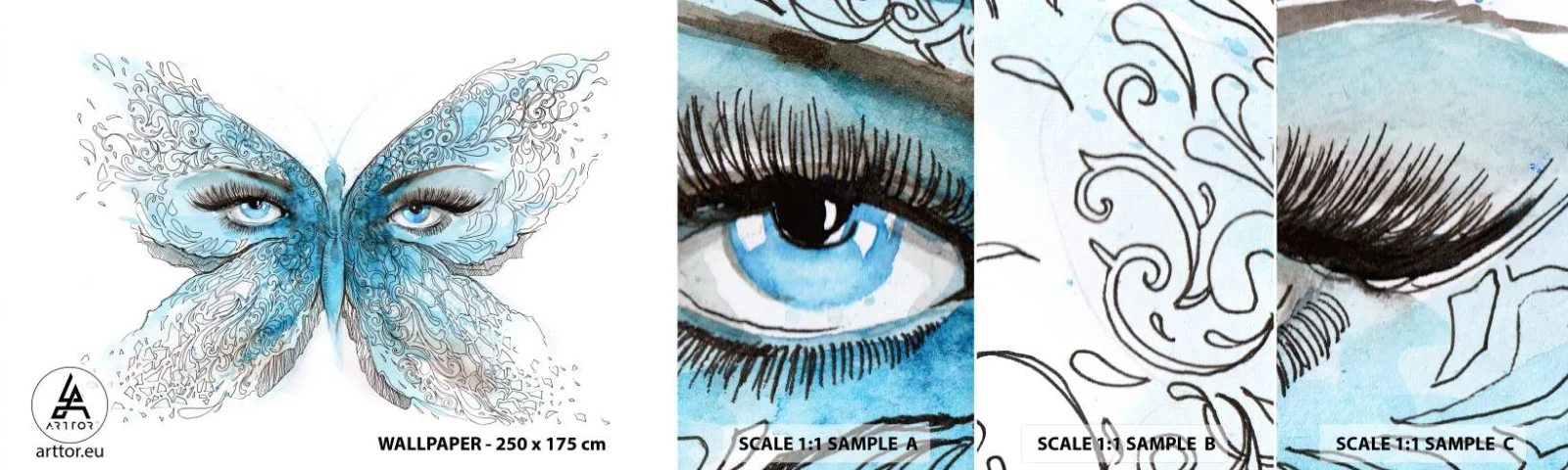 Échantillon de Papier Peint Autocollant Deluxe Sticker - Mésange bleue Eros - Abstraction, Papillon, Yeux féminins - 100x30 cm