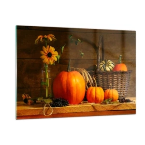 Impression sur verre - Image sur verre - Nature morte d'automne avec citrouilles et fleurs - 120x80cm - Une composition rustique - cadeaux d'automne - Décoration murale moderne pour le salon et la chambre ARTTOR