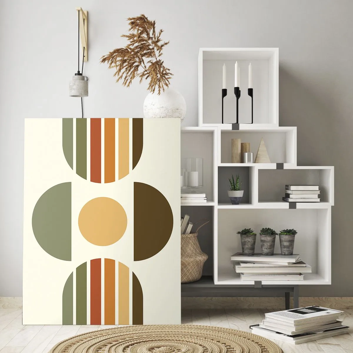 Impression sur verre - Image sur verre - Composition géométrique avec des demi-cercles et des rayures dans des tons terreux - 70x100cm - Dans les coulaurs de la terre - Décoration murale moderne pour le salon et la chambre ARTTOR