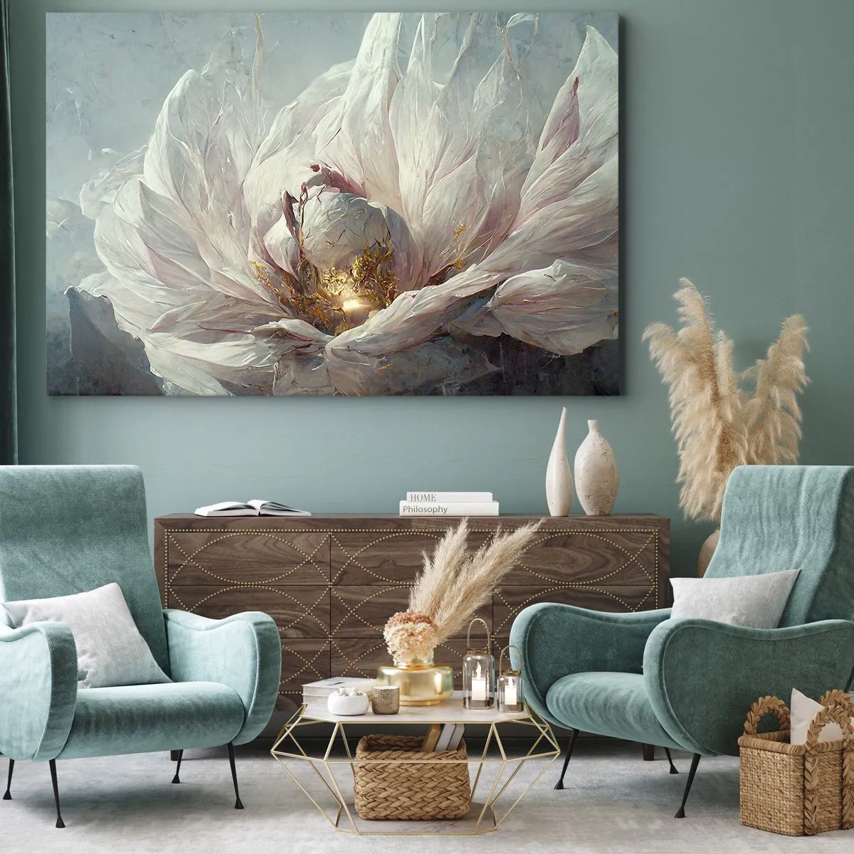 Impression sur toile - Image sur toile - Une fleur blanche délicate avec de subtils accents dorés - 100x70cm - Il fleurit une fois tous les cent ans - Décoration murale moderne pour le salon et la chambre ARTTOR