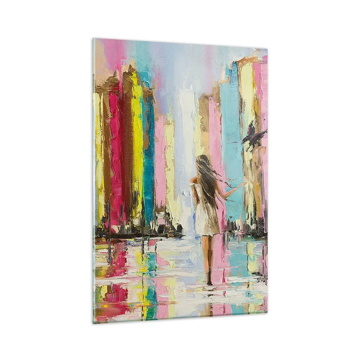 Impression sur verre - Image sur verre - Une ville colorée et une femme en robe blanche avec un oiseau - 80x120cm - Viens avec moi - Décoration murale moderne pour le salon et la chambre ARTTOR