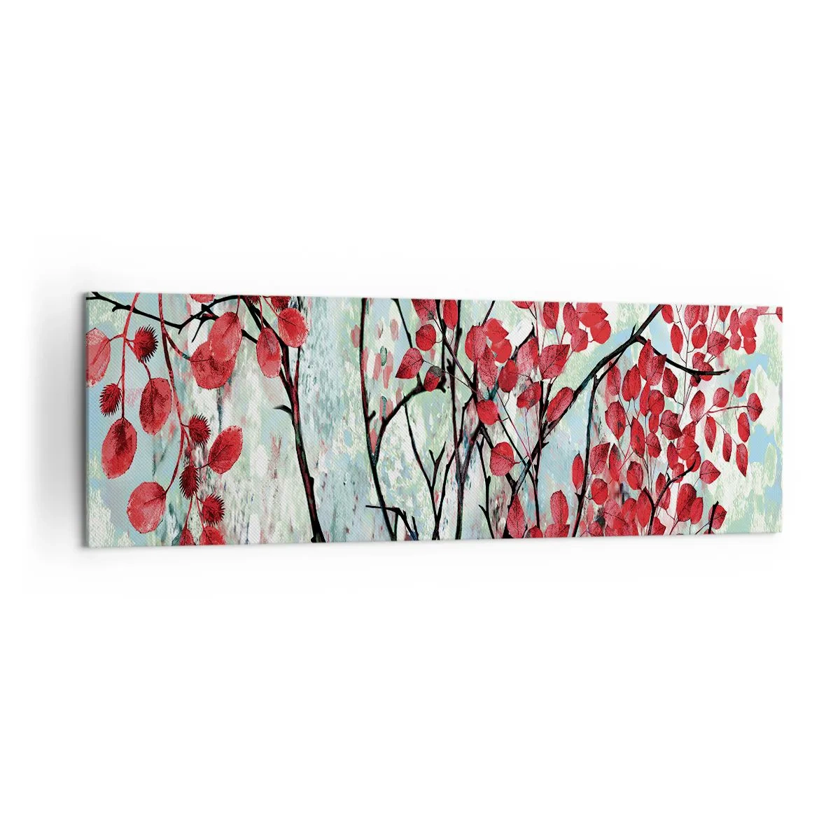 Impression sur toile - Image sur toile - Feuilles rouges sur un ciel lumineux avec des motifs abstraits - 160x50cm - Arbre en écarlate - Décoration murale moderne pour le salon et la chambre ARTTOR