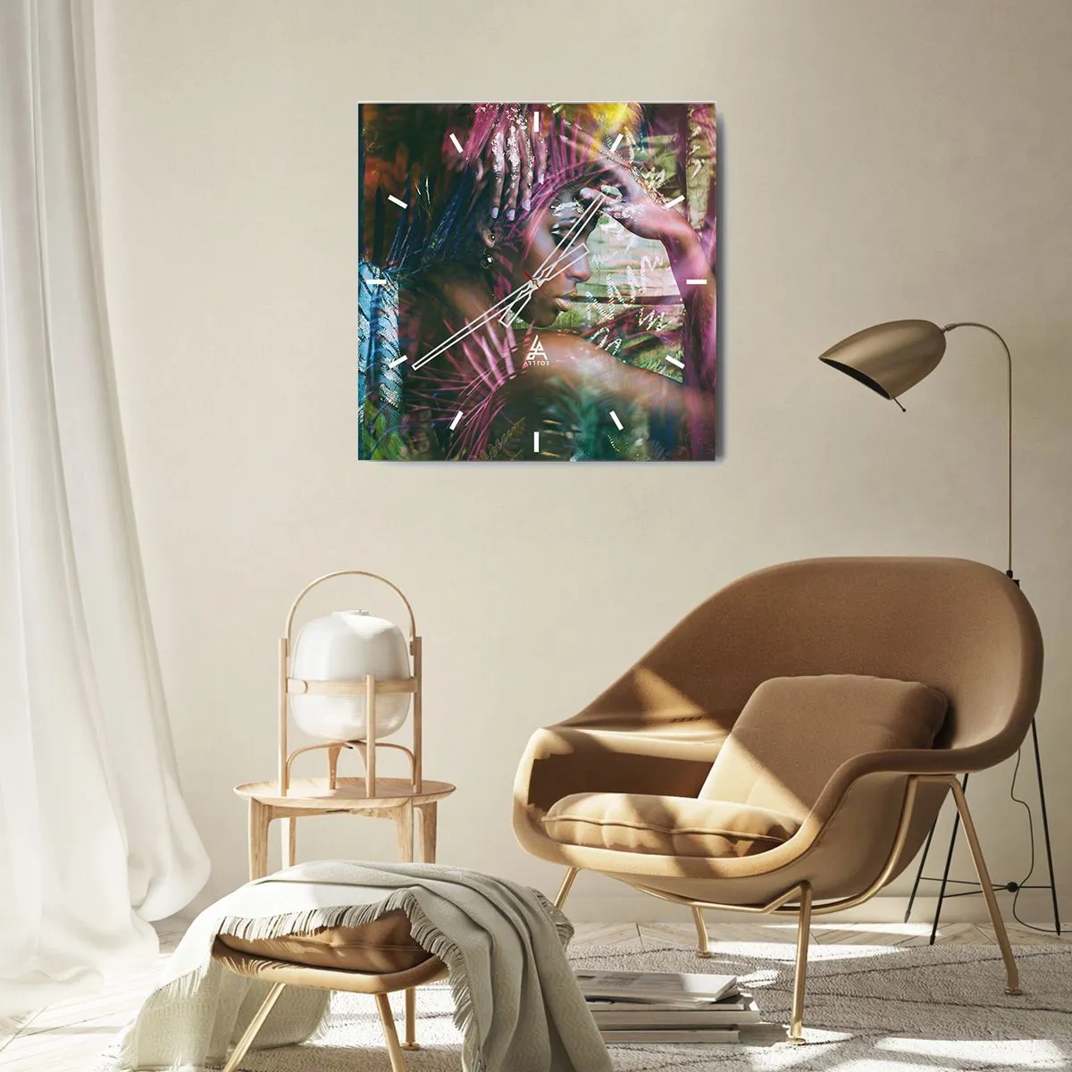 Horloge murale - Pendule murale - Portrait d'une femme entourée d'une végétation exotique - 30x30cm - Dame Nature dans la jungle - Décoration murale moderne pour le salon et la chambre ARTTOR