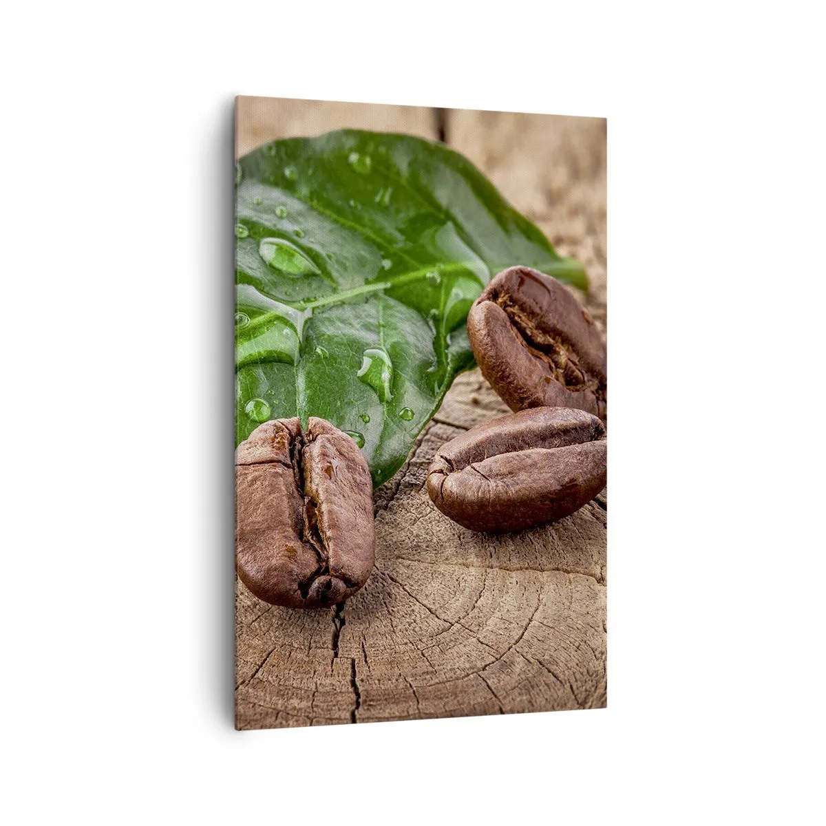 Impression sur toile - Image sur toile - Grains de café et feuille verte sur fond de bois - 80x120cm - La plus vraie et noire - Décoration murale moderne pour le salon et la chambre ARTTOR