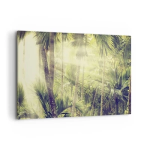 Impression sur toile - Image sur toile - Rayons de soleil dans une forêt tropicale de palmiers - 100x70cm - Nature enflammée - Décoration murale moderne pour le salon et la chambre ARTTOR