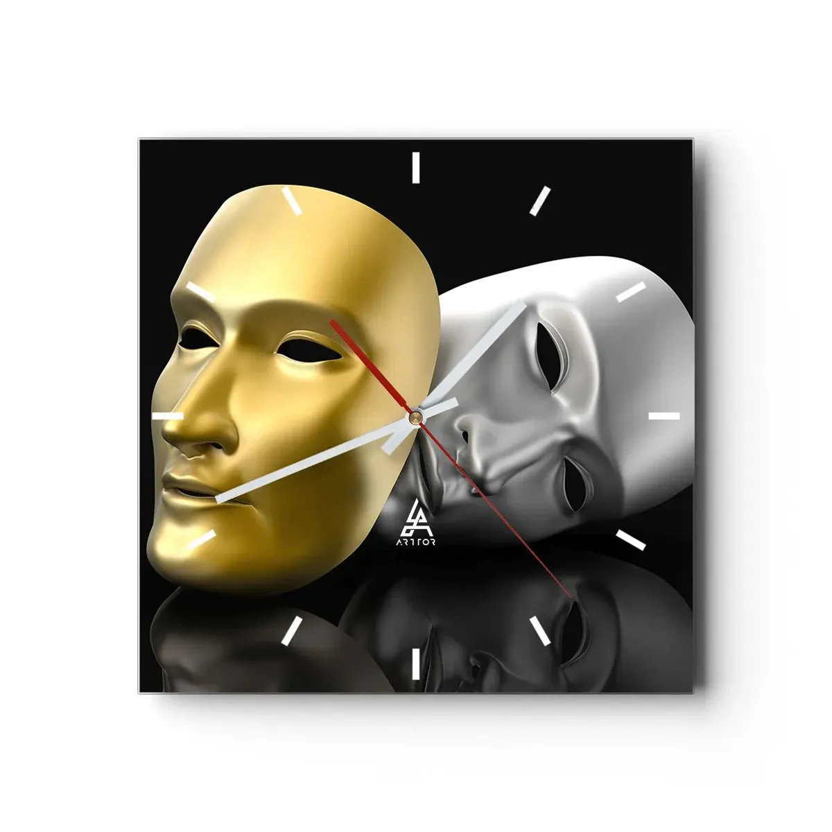 Horloge murale - Pendule murale - Masque d'or et d'argent sur fond noir - 30x30cm - La vie est un théâtre - Décoration murale moderne pour le salon et la chambre ARTTOR