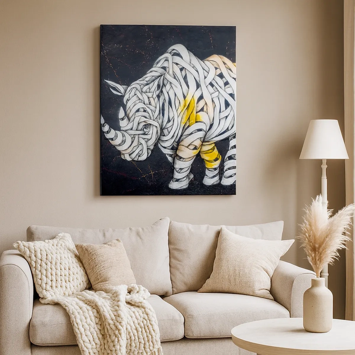Impression sur toile - Image sur toile - Un rhinocéros sculpté avec des rayures abstraites sur un fond sombre. - 50x70cm - La peau épaisse est un mythe - Décoration murale moderne pour le salon et la chambre ARTTOR