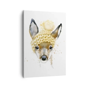 Impression sur toile - Image sur toile - Cerf aquarelle avec une casquette jaune - 50x70cm - Pour l'hiver dans la forêt enneigée - Décoration murale moderne pour le salon et la chambre ARTTOR