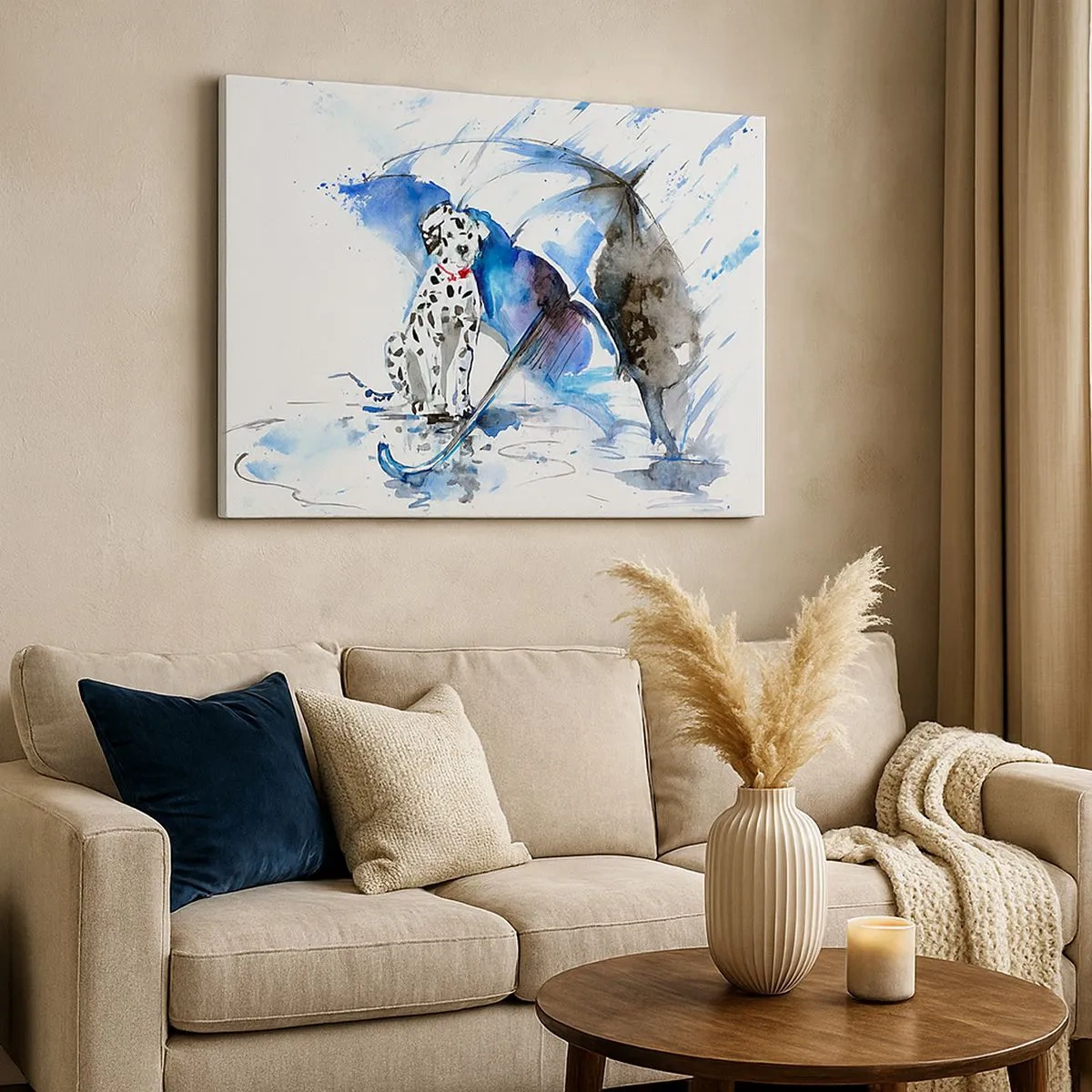 Impression sur toile - Image sur toile - Aquarelle représentant un chien dalmatien avec un parapluie en arrière-plan - 70x50cm - C'est à ça que sert un ami - Décoration murale moderne pour le salon et la chambre ARTTOR