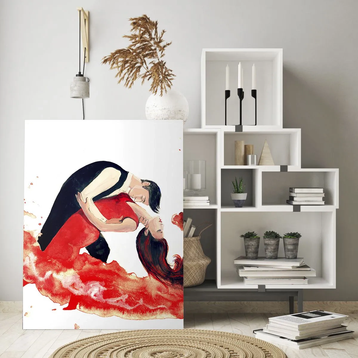 Impression sur verre - Image sur verre - Une aquarelle dynamique d'un couple dansant aux couleurs rouges. - 80x120cm - Tango - une vague sensuelle - Décoration murale moderne pour le salon et la chambre ARTTOR