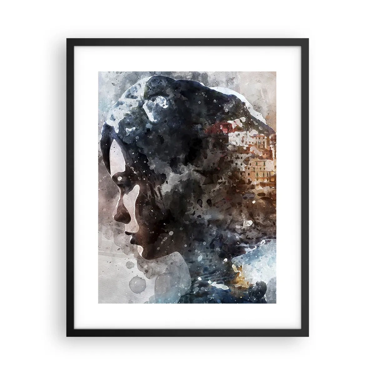 Affiche dans un cadre noir - Poster - L'histoire d'une fille avec une ville en arrière-plan - 40x50 cm