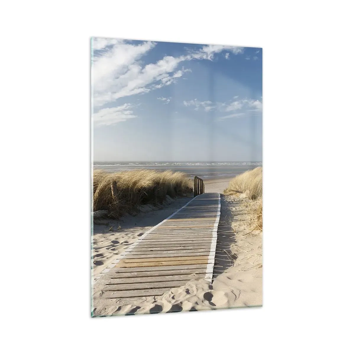 Impression sur verre - Image sur verre - Un chemin en bois mène à travers les dunes jusqu'à la mer calme - 80x120cm - Derrière la dune, dans le bruissement de l'herbe - Décoration murale moderne pour le salon et la chambre ARTTOR