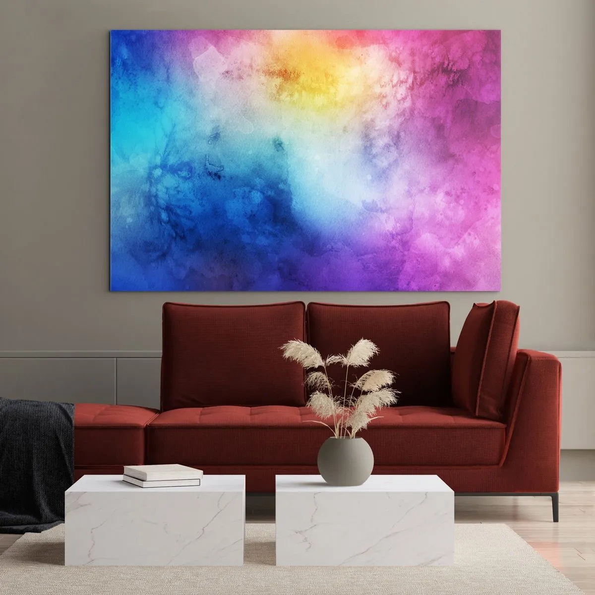 Impression sur verre - Image sur verre - Composition abstraite aux couleurs de l'arc-en-ciel avec un effet aquarelle - 120x80cm - Presque au septième ciel - Décoration murale moderne pour le salon et la chambre ARTTOR