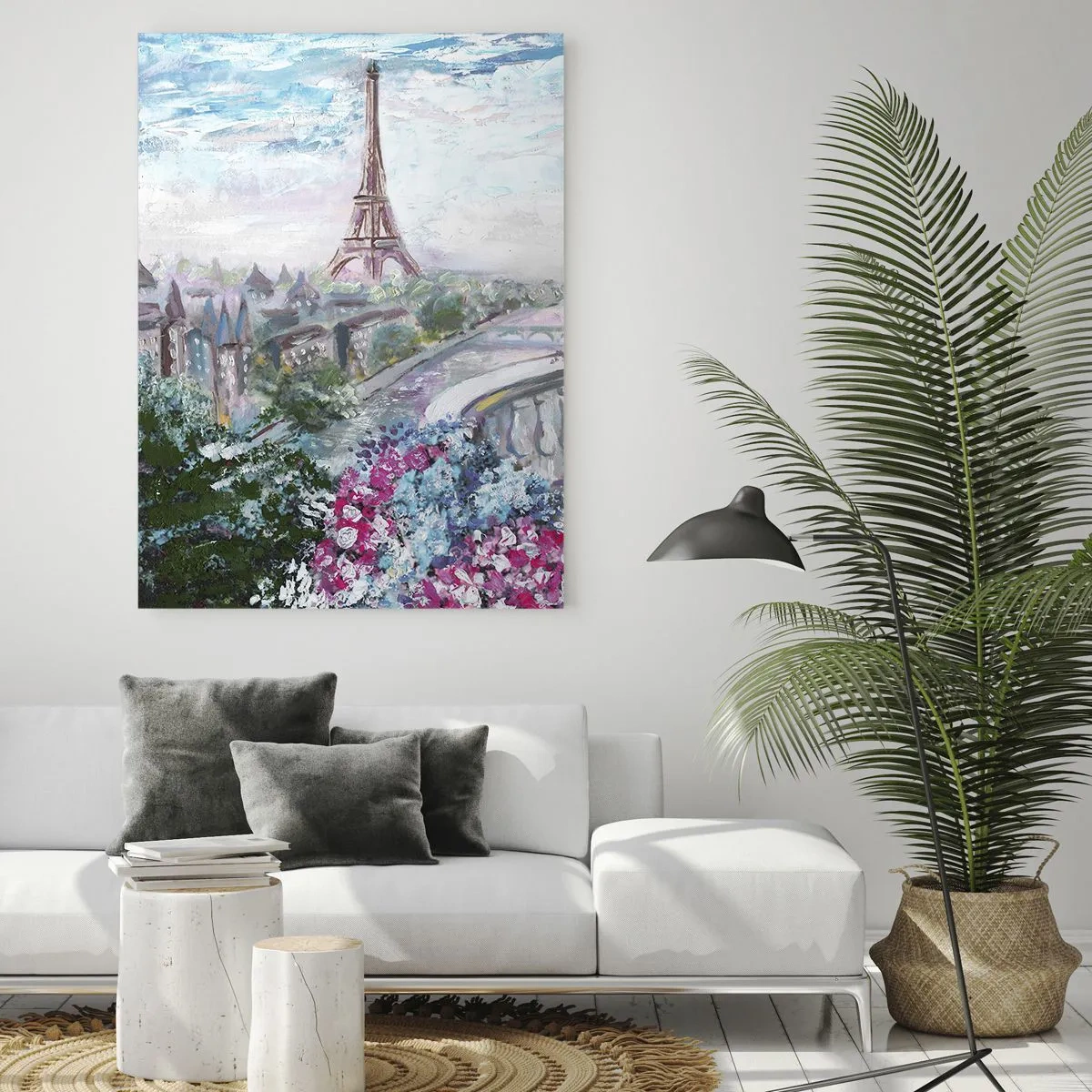 Impression sur verre - Image sur verre - Illustration d'une vue de la Tour Eiffel avec un balcon rempli de fleurs - 50x70cm - C'est le plus beau ici en mai - Décoration murale moderne pour le salon et la chambre ARTTOR