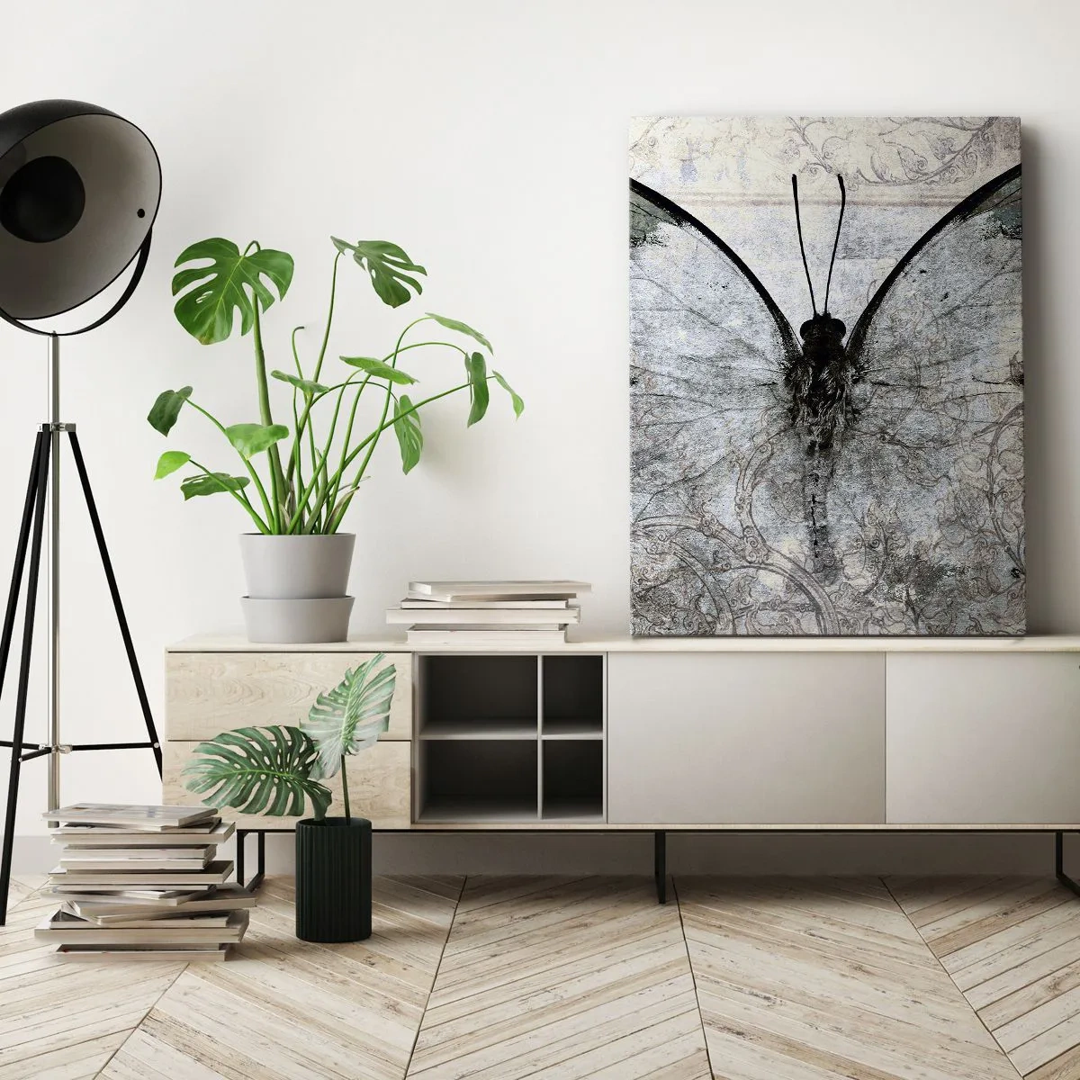 Impression sur toile - Image sur toile - Un papillon dans les tons de vert et de gris sur un fond décoratif - 80x120cm - Dans le style Art Nouveau - Décoration murale moderne pour le salon et la chambre ARTTOR