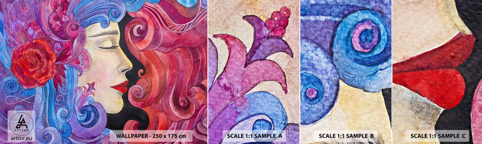 Échantillon De Papier Peint Standard Eco - L'Art Nouveau est toujours vivant - Femme, Fleurs, Déesse - 100x30 cm