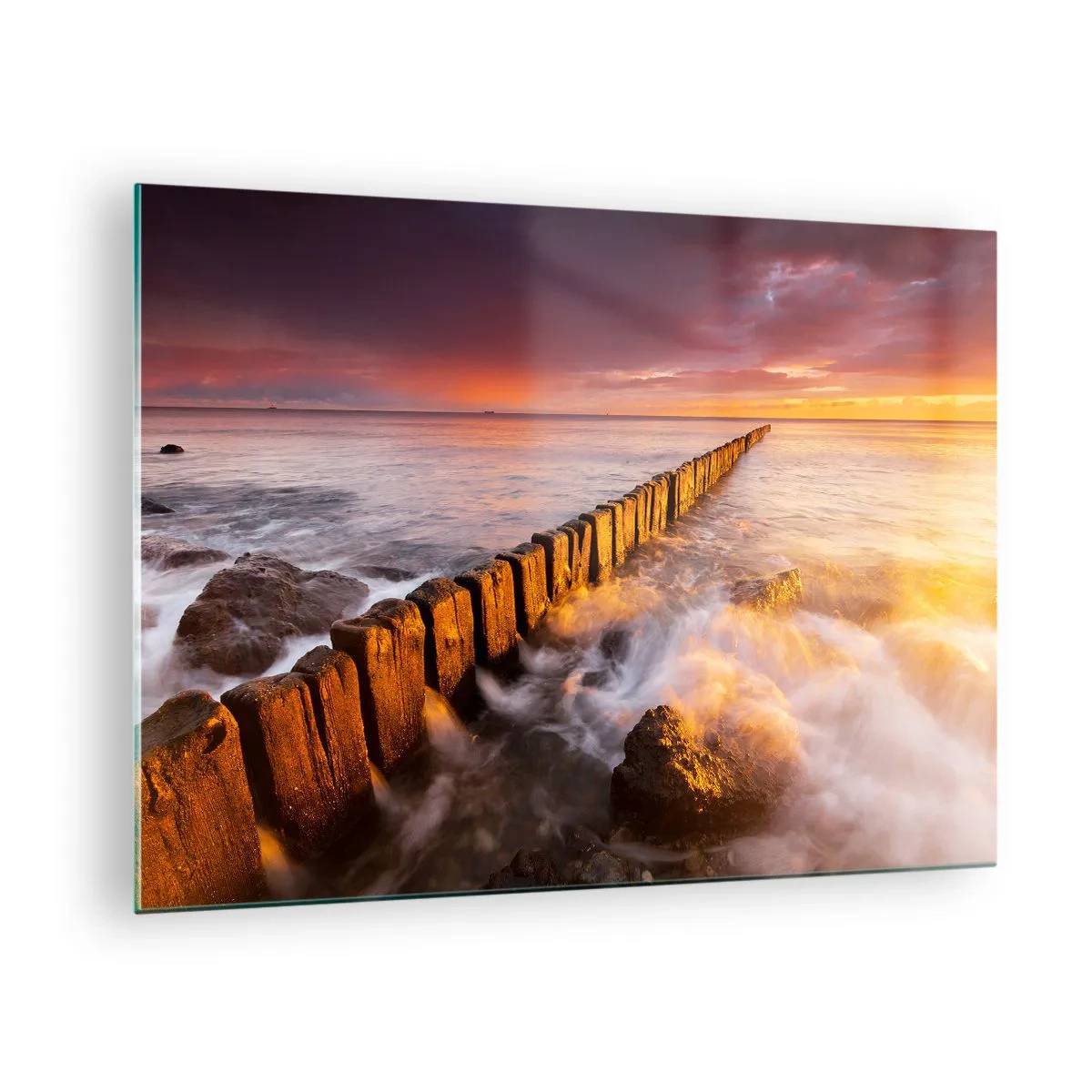Impression sur verre - Image sur verre - Coucher de soleil sur la mer avec un brise-lames en bois - 70x50cm - La douceur des vagues - Décoration murale moderne pour le salon et la chambre ARTTOR
