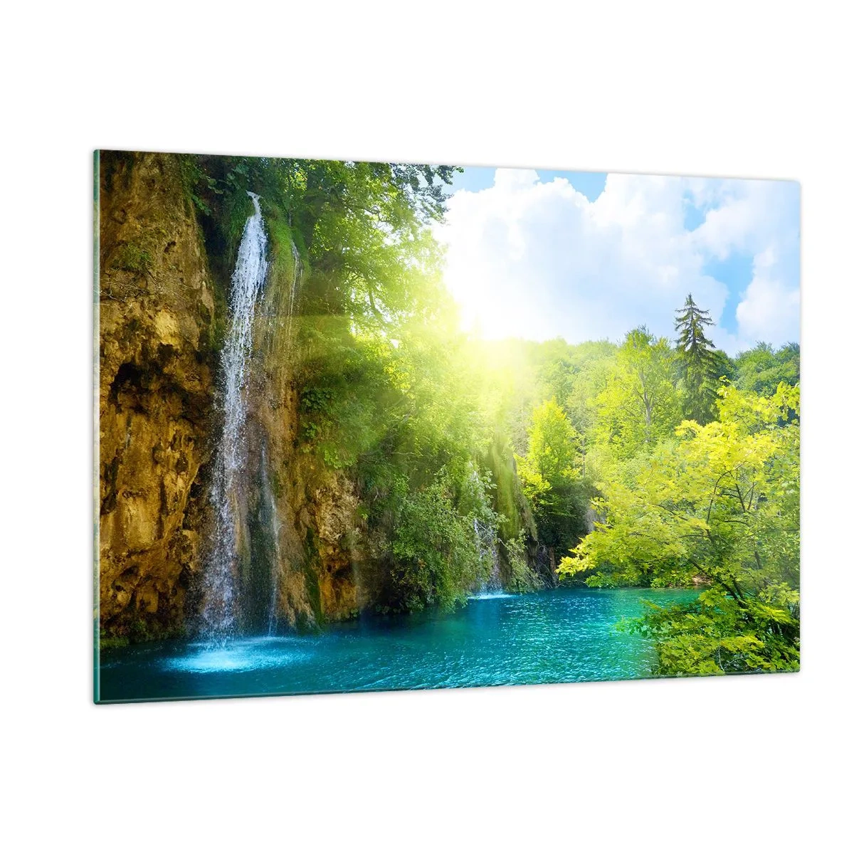 Impression sur verre - Image sur verre - Une cascade se jetant dans un lac bleu entouré de verdure - 120x80cm - Ce doit être le paradis ici - Décoration murale moderne pour le salon et la chambre ARTTOR