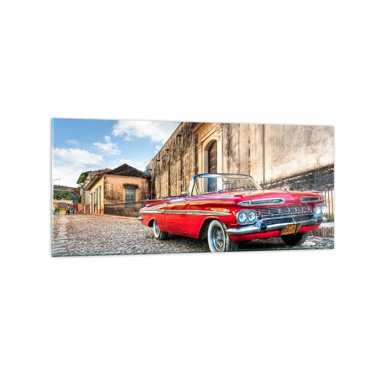 Impression sur verre - Image sur verre - Voiture classique rouge dans une rue pavée - 120x50cm - Émotions cubaines - Décoration murale moderne pour le salon et la chambre ARTTOR