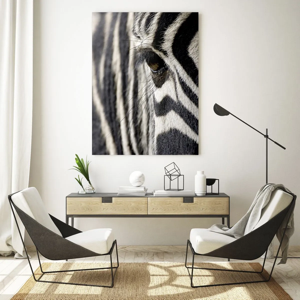 Impression sur verre - Image sur verre - Gros plan de l'œil d'un zèbre avec des rayures noires et blanches - 80x120cm - Portrait en rayure - Décoration murale moderne pour le salon et la chambre ARTTOR