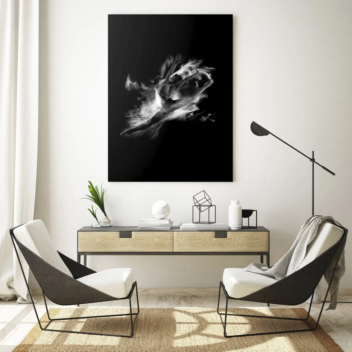Impression sur verre - Image sur verre - Silhouette noire et blanche d'un danseur en mouvement dynamique - 50x70cm - Coincé en l'air - Décoration murale moderne pour le salon et la chambre ARTTOR