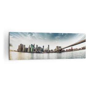 Impression sur toile - Image sur toile - Panorama de la ville avec un pont contre le ciel bleu - 160x50cm - L'île de verre - Décoration murale moderne pour le salon et la chambre ARTTOR