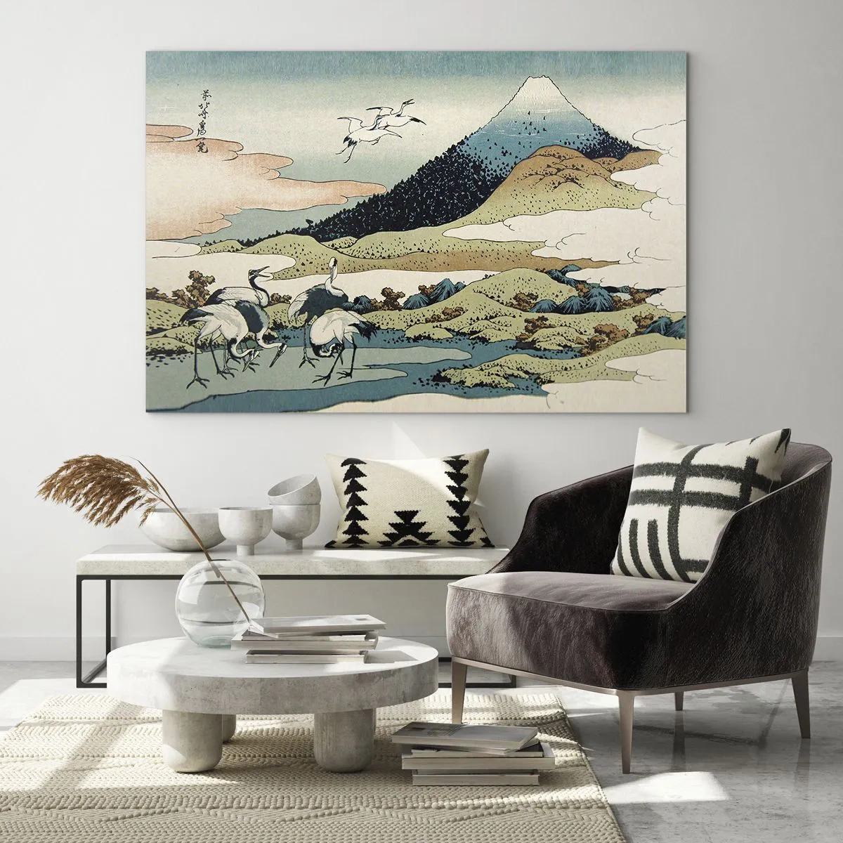 Impression sur verre - Image sur verre - Une peinture d'oiseaux dans un paysage japonais surplombant le mont Fuji. - 120x80cm - Avec une âme japonnaise - Décoration murale moderne pour le salon et la chambre ARTTOR