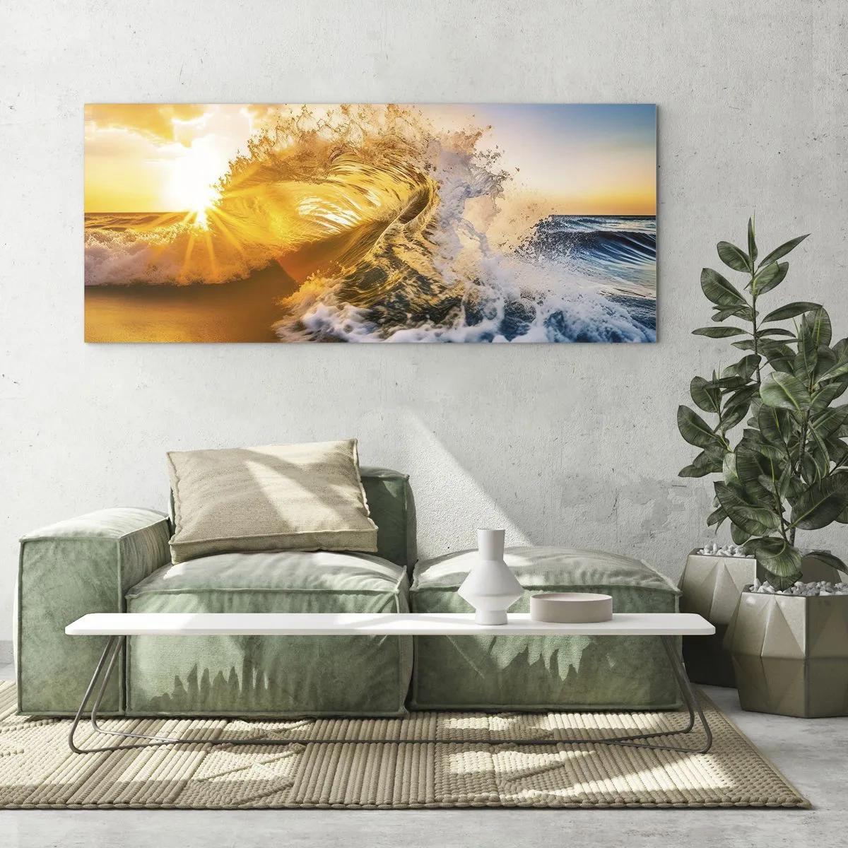 Impression sur verre - Image sur verre - Une vague dorée sur fond de soleil couchant - 160x50cm - S'amuser dans le sable - Décoration murale moderne pour le salon et la chambre ARTTOR