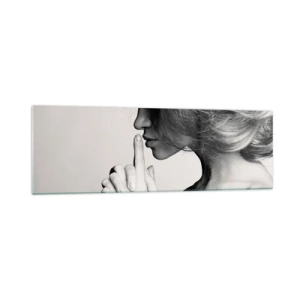 Impression sur verre - Image sur verre - Profil noir et blanc d'une femme faisant un geste de silence - 160x50cm - A l'écoute d'elle-même - Décoration murale moderne pour le salon et la chambre ARTTOR