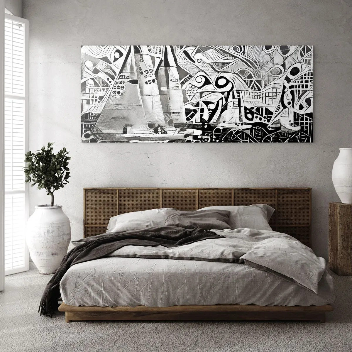 Impression sur verre - Image sur verre - Voiliers abstraits dans une composition monochrome - 120x50cm - Entre les vagues - Décoration murale moderne pour le salon et la chambre ARTTOR