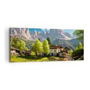 Impression sur toile - Image sur toile - Un village de montagne avec des maisons et une vue sur les Alpes - 120x50cm - Idylle alpine - Décoration murale moderne pour le salon et la chambre ARTTOR