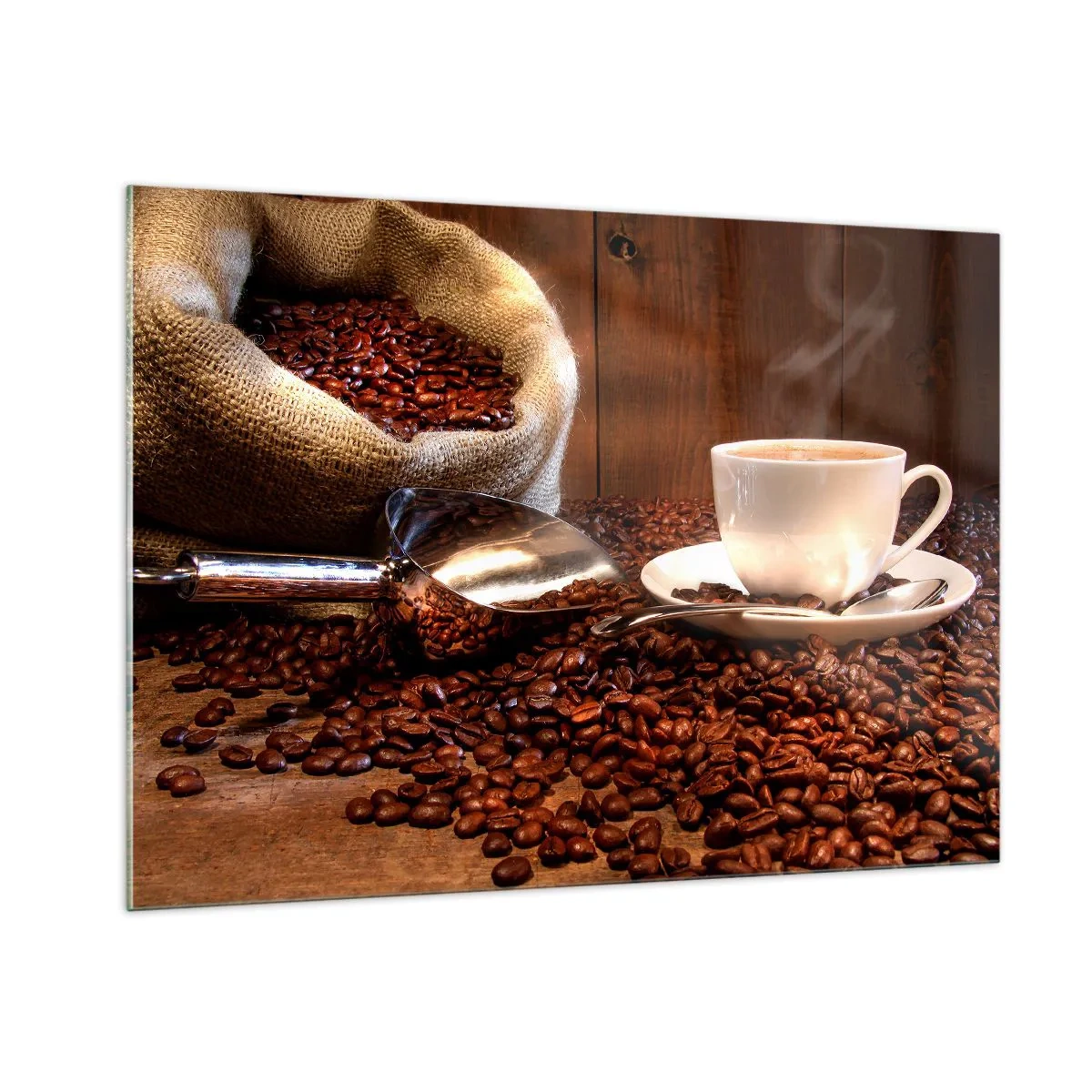 Impression sur verre - Image sur verre - Une tasse de café sur fond de haricots et d'un sac en jute - 100x70cm - Sentez-vous cette odeur? - Décoration murale moderne pour le salon et la chambre ARTTOR