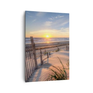 Impression sur toile - Image sur toile - Plage au coucher du soleil avec clôture en bois - 70x100cm - Ombre et brillance du vent - Décoration murale moderne pour le salon et la chambre ARTTOR