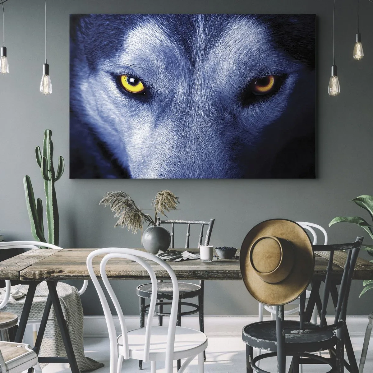 Impression sur toile - Image sur toile - Gros plan du regard intense d'un loup sur un fond sombre - 70x50cm - Regars hypnotique - Décoration murale moderne pour le salon et la chambre ARTTOR