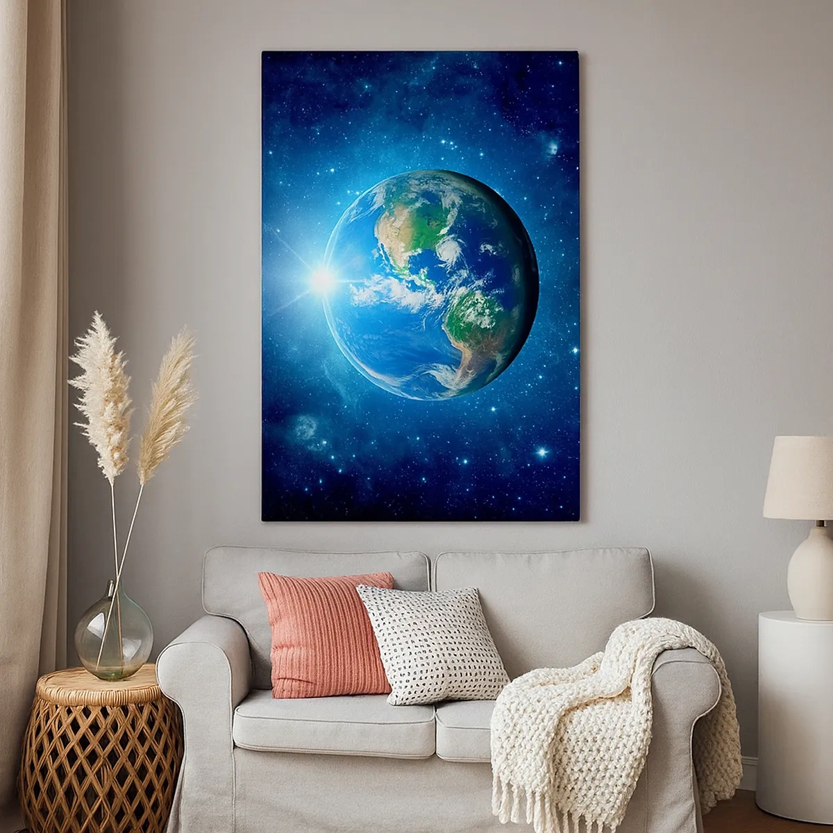 Impression sur toile - Image sur toile - La Terre dans l'espace entourée d'étoiles et de lumière - 50x70cm - Nous sommes au paradis - Décoration murale moderne pour le salon et la chambre ARTTOR
