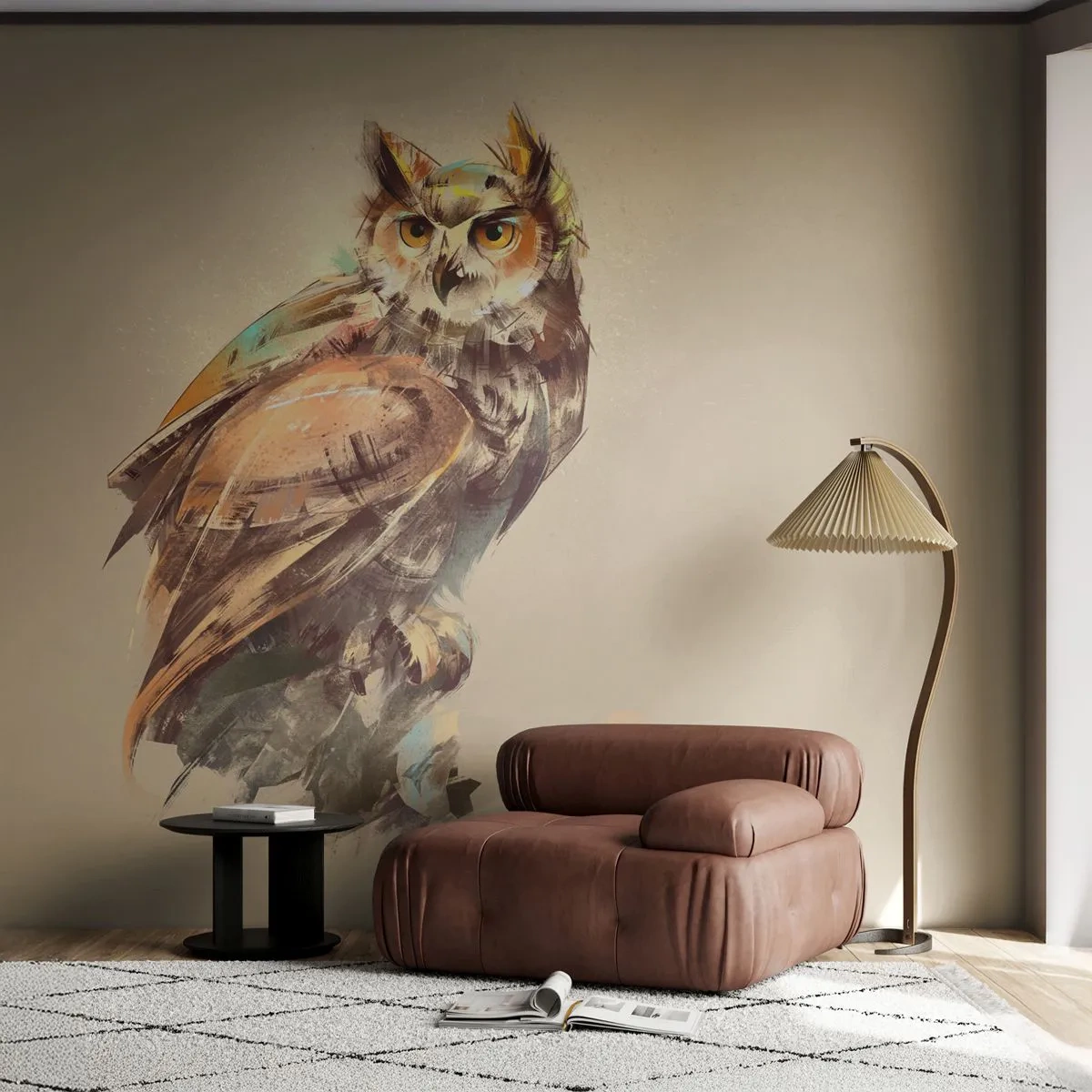 Papier Peint Photo Premium Sand - Illustration artistique d'un hibou dans les tons de brun - 100x70cm - Le hibou le plus intelligent - confirmera la forêt de chênes - Décoration murale moderne pour le salon et la chambre ARTTOR
