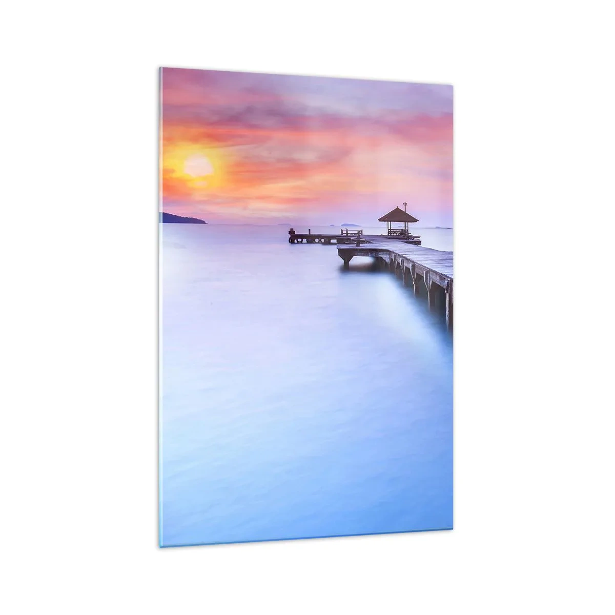 Impression sur verre - Image sur verre - Jetée en bois donnant sur l'eau au coucher du soleil - 70x100cm - Une mer de calme jusqu'à l'horizon - Décoration murale moderne pour le salon et la chambre ARTTOR