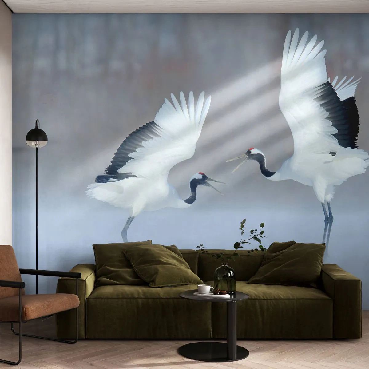 Papier Peint Photo Premium Sand - Deux grues dansantes dans le brouillard hivernal - 100x70cm - Danse dans le brouillard - Décoration murale moderne pour le salon et la chambre ARTTOR